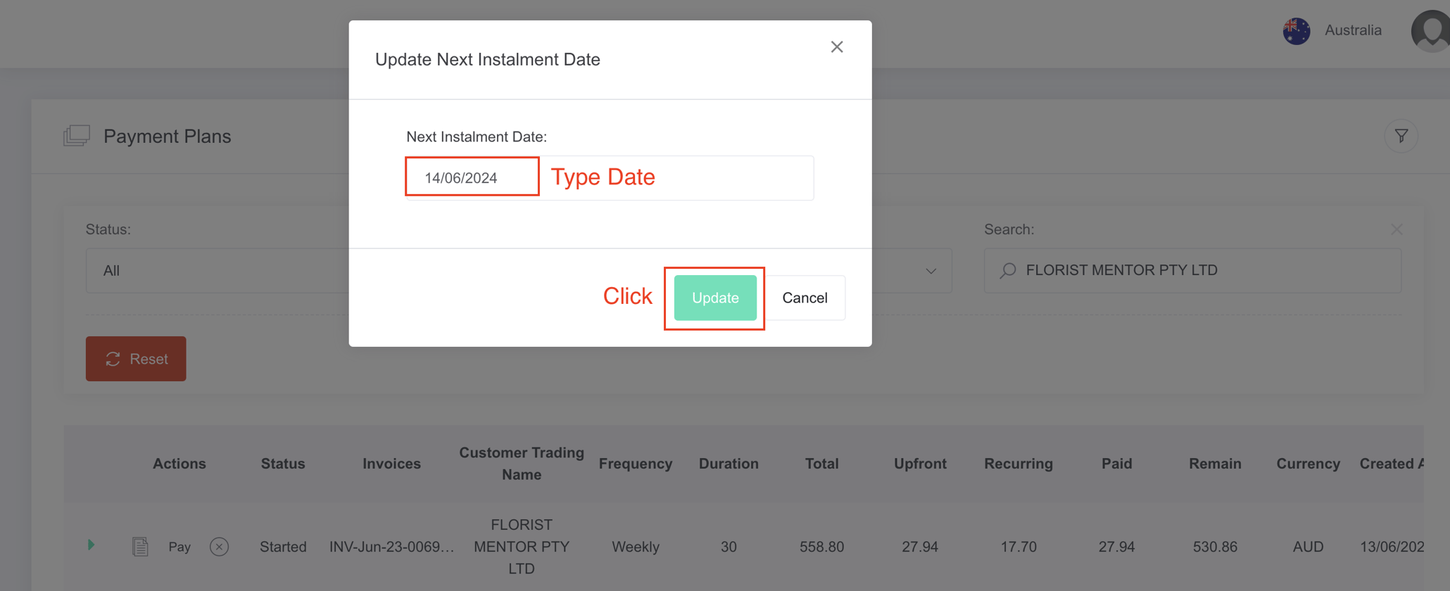 How to change the next payment date to customer's payment plan?