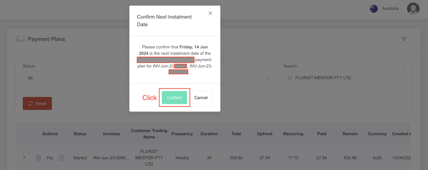 How to change the next payment date to customer's payment plan?